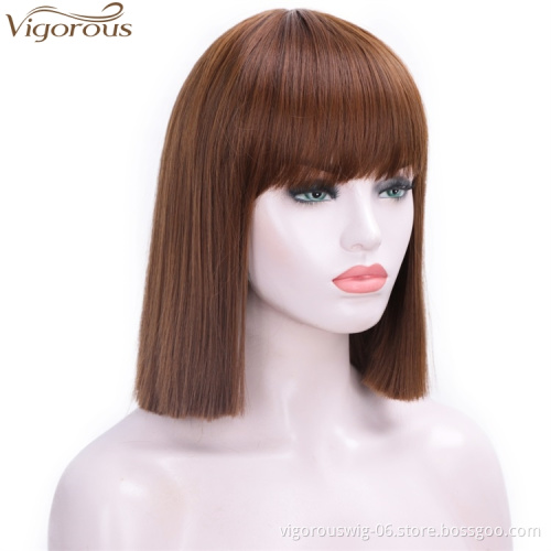 Vigorous Cheap Short Straight Bob Synthetic Wigs For Black Women Brown Wigs With Bangs High Temperature wholesale Price